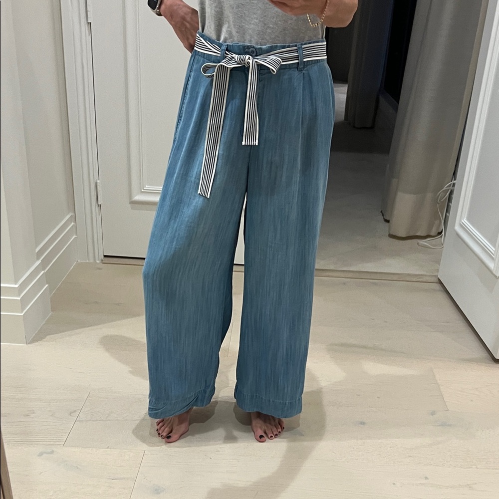 Bella Dahl Denim Blue Wide Cropped Leg Pants with Striped Belt